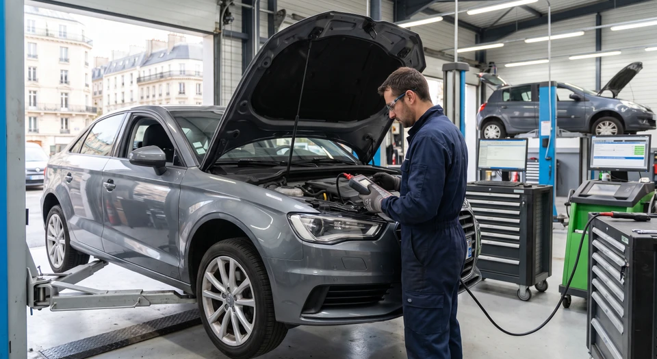 Photo d'un technicien automobile expérimenté au travail dans un atelier professionnel, concentré sur le diagnostic ou la réparation d'un véhicule. Le technicien porte une tenue professionnelle de mécanicien (bleu de travail ou combinaison), utilise des outils de diagnostic modernes ou travaille sur le moteur d'un véhicule soulevé. L'arrière-plan montre un atelier équipé (lift, outils, équipements de diagnostic). La scène doit transmettre la précision, la compétence technique et la professionnalité. Pas de logo, texte ou filigrane visible.
