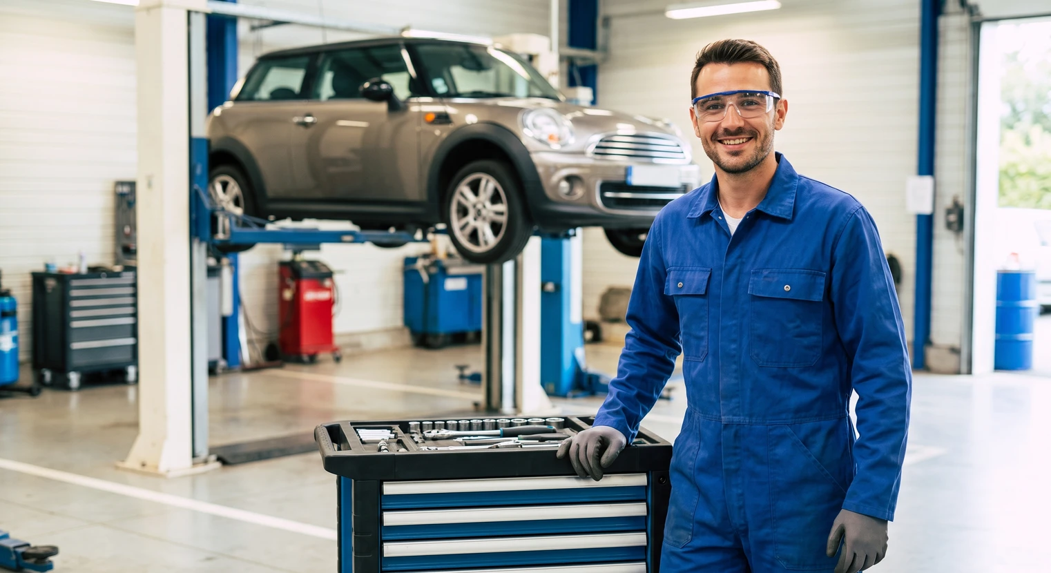 Portrait professionnel d'un mécanicien automobile en combinaison bleue souriant dans son garage, établissant un contact visuel direct avec la caméra, entouré d'outils professionnels et d'un véhicule en arrière-plan. L'atmosphère doit transmettre la confiance, l'accessibilité et la relation humaine positive. Le mécanicien pourrait être représenté dans une posture accueillante, suggérant l'engagement personnel et la disponibilité envers les clients.