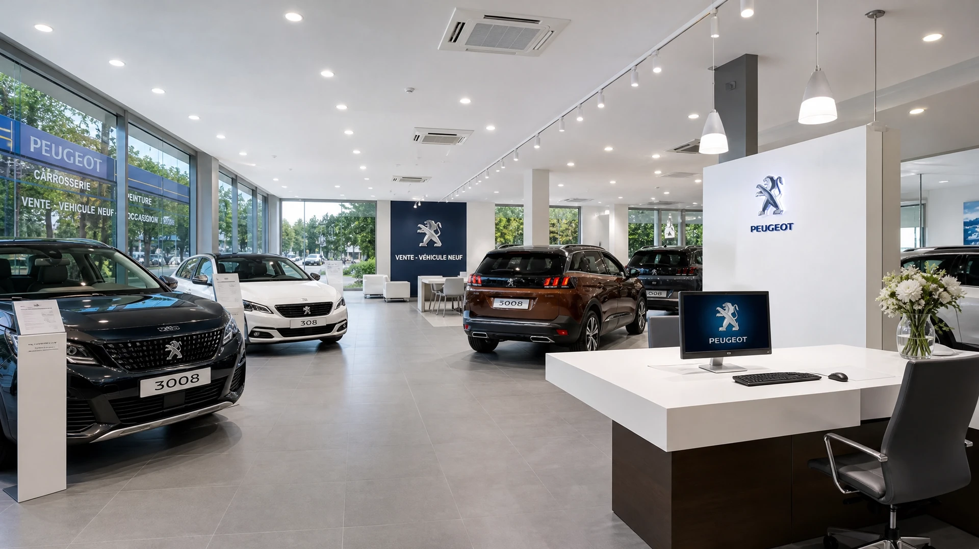 Showroom automobile moderne avec véhicule gris métallisé exposé près de baies vitrées