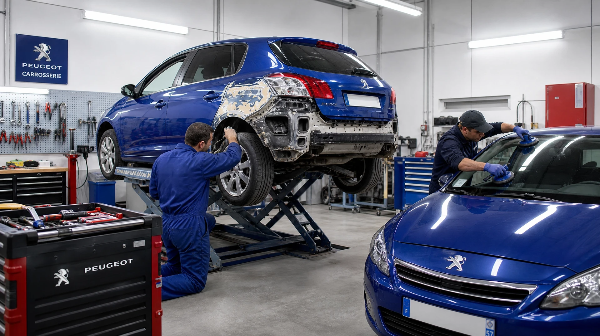 Scène en intérieur d'atelier automobile avec technicien effectuant nettoyage détaillé de carrosserie