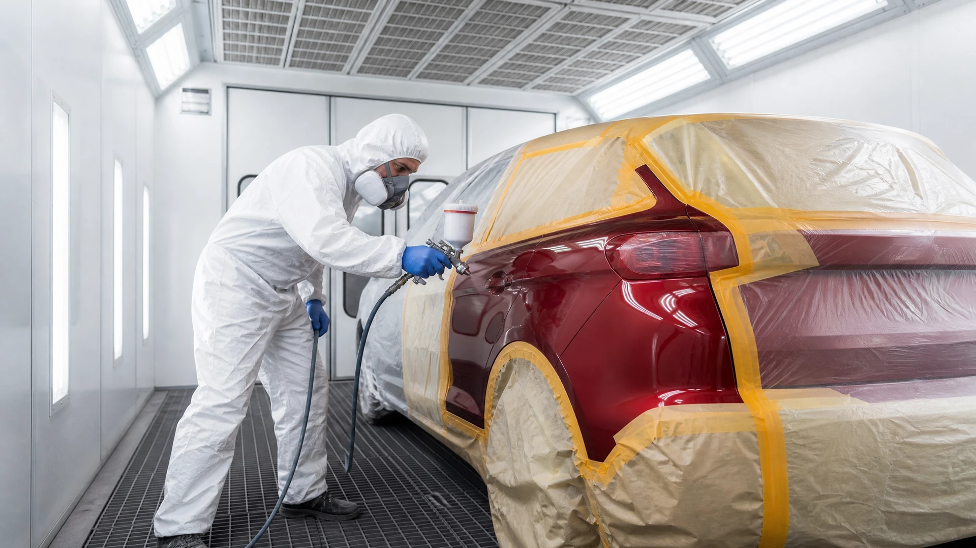 Atelier automobile intérieur avec technicien portant masque respiratoire et lunettes de protection appliquant peinture au pistolet sur carrosserie blanche de véhicule