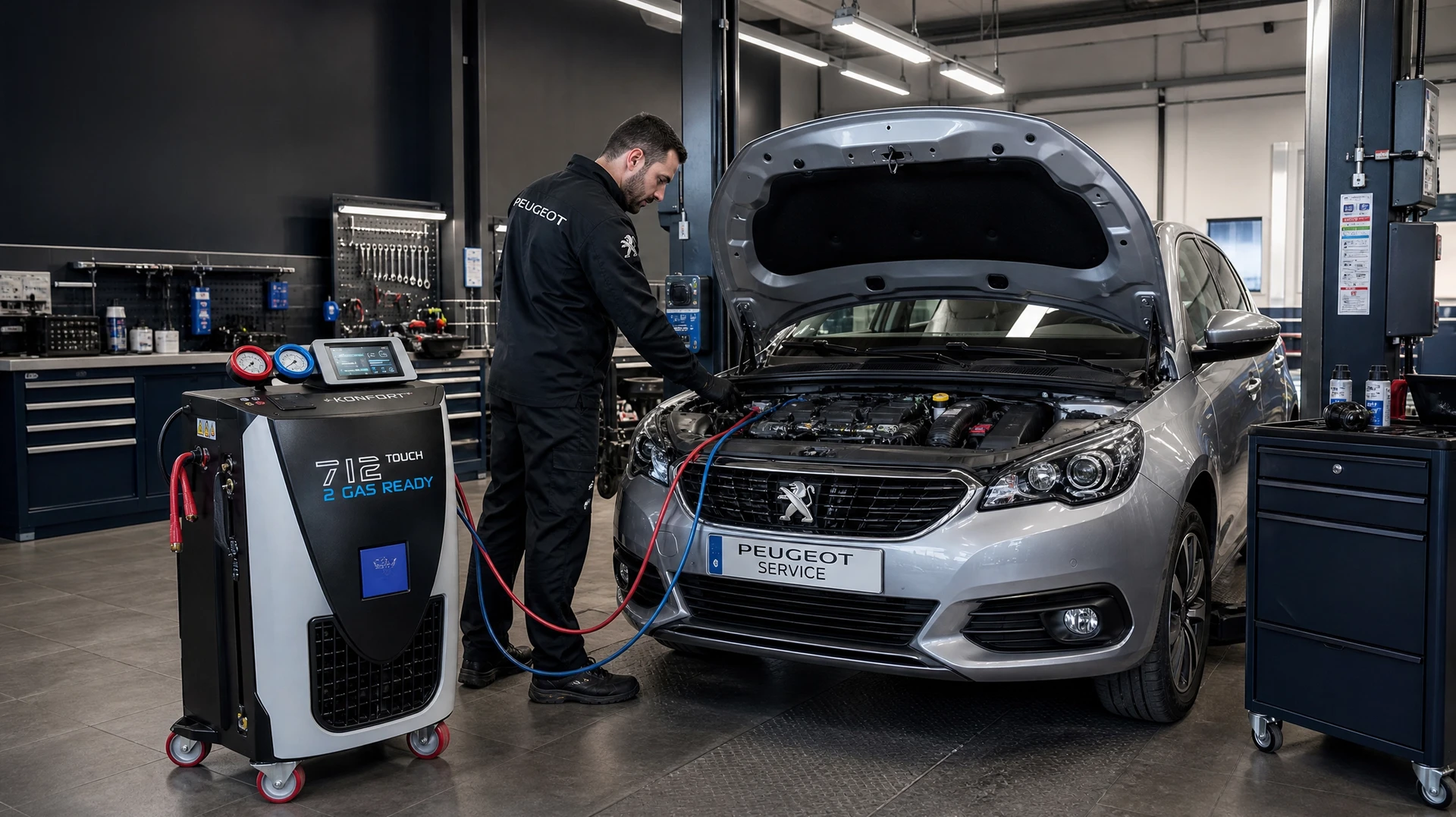 Photographie d'un technicien automobile dans un atelier professionnel, effectuant l'entretien d'un système de climatisation automobile. Le technicien, équipé de gants de protection, utilise un équipement de diagnostic ou de recharge de fluide frigorigène connecté au système de climatisation d'un véhicule. L'atelier doit être moderne et professionnel, avec les outils et équipements caractéristiques d'un garage automobile. La scène doit transmettre la compétence, la précision et le sérieux du travail d'entretien climatisation.