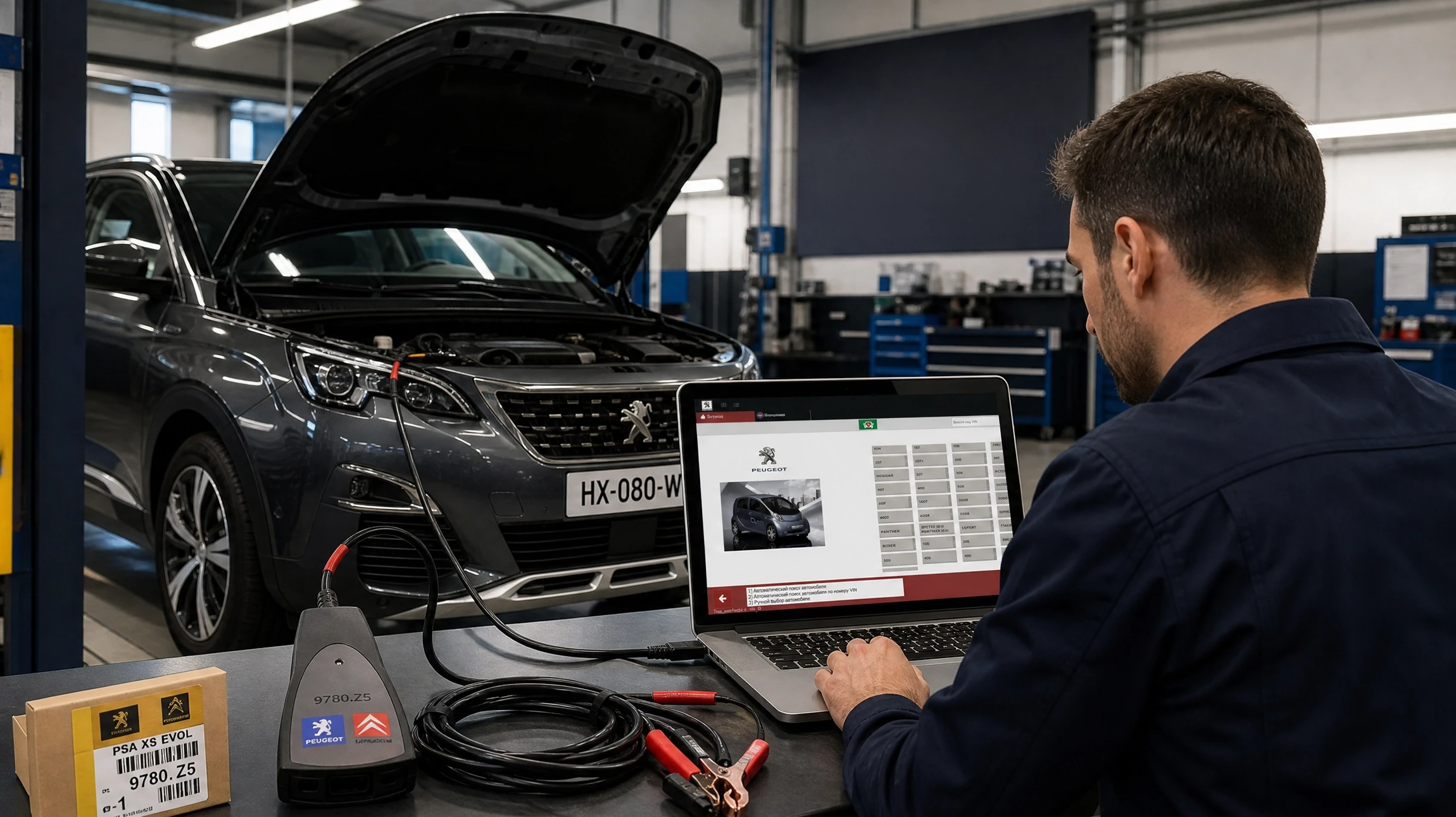 Photographie d'un mécanicien ou technicien automobile dans un atelier professionnel connectant un appareil de diagnostic électronique à un véhicule, montrant clairement le câble de diagnostic branché sur le port OBD du véhicule et l'écran de diagnostic affichant des données techniques. L'arrière-plan doit montrer l'environnement professionnel d'un atelier automobile avec outils et équipements. L'image doit transmettre l'expertise et la compétence technique requise pour le diagnostic automobile professionnel.