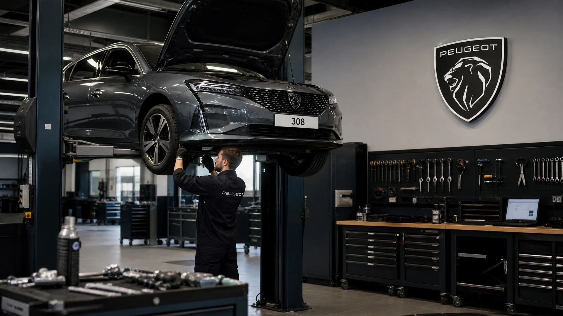 Atelier automobile avec véhicule rouge surélevé, roue démontée exposant le système de freinage